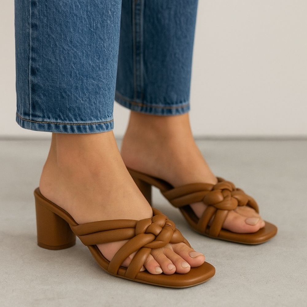 Kaanas Tan Braided Leather Square Toe Slip On Heel Sandals Size 10 NEW